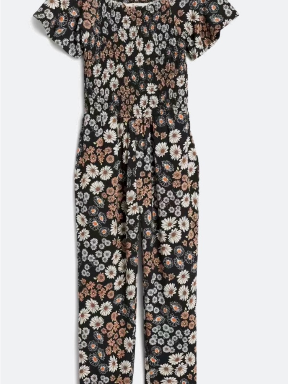 Floral Off-Shoulder Jumpsuit in Black with Cream & Tan Flowers